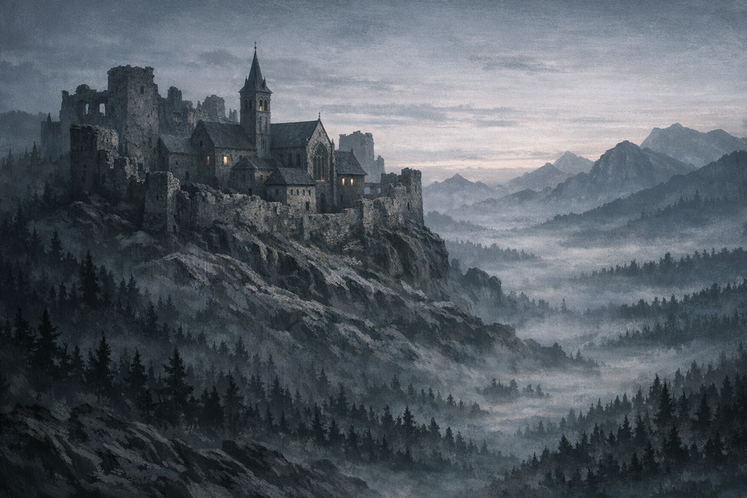 Stary klasztor ukryty w ruinach zamku ponad doliną spowitą mgłą.